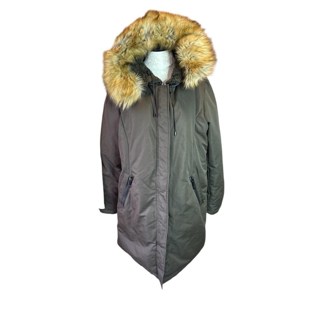 Nine West Women's Brown Faux Fur Hooded Winter Jacket Full Zip NWOT Sz Plus XXL